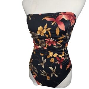 Vtg 80s Jantzen 1PC Swimsuit Size 10 Black Floral Removable Straps Ruched Sides